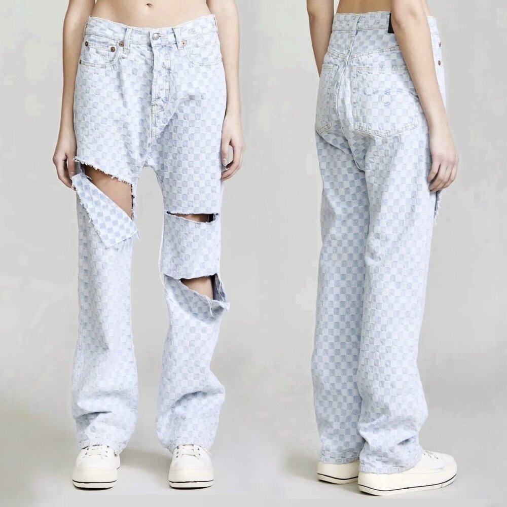 R13 Izzy Drop Crotch Blue Checkerboard Light Wash Jeans Distressed Women’s Sz 30